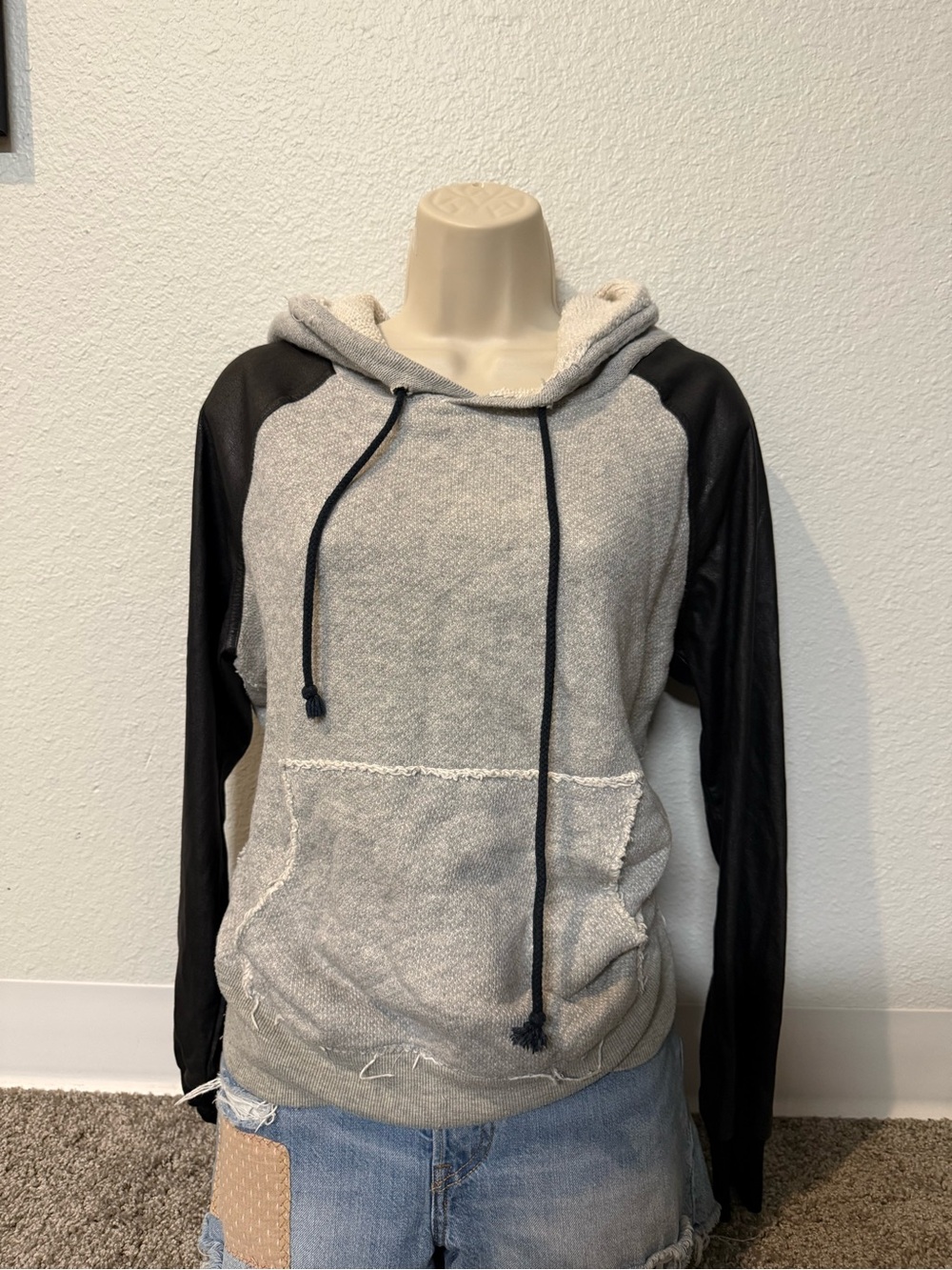 Free People Gray and Black Hooded Raglan Pullover faux leather distressed